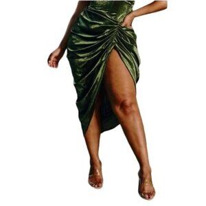 PrettyLittleThing Khaki Velvet Ruched Side Skirt | 14